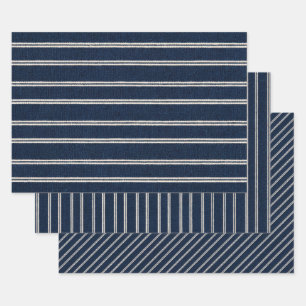 Double Pinstripes Navy Blue Ivory Weave Look Wrapping Paper Sheets