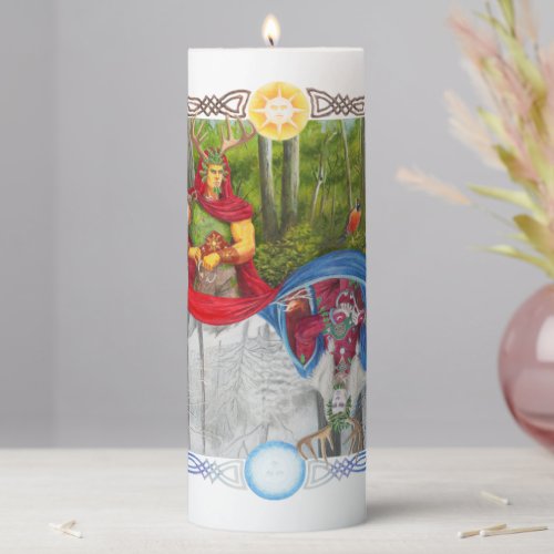 Double Portrait of the Oak King and Holly King Pillar Candle