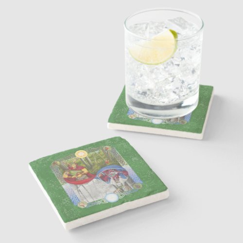 Double Portrait of the Oak King and Holly King Stone Coaster