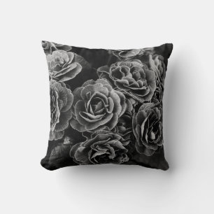 Double Primula Flowers, Black and White Throw Pillow