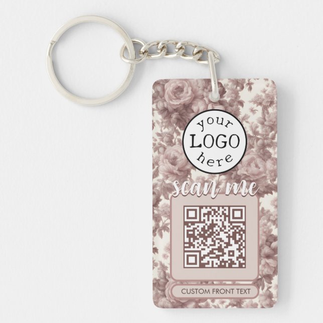 Double QR Code for Business Dusty Rose Flowers Keychain (Front)