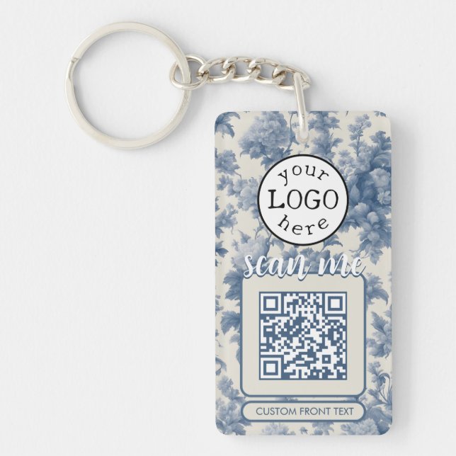 Double QR Code for Business Elegant Blue Toile Keychain (Front)