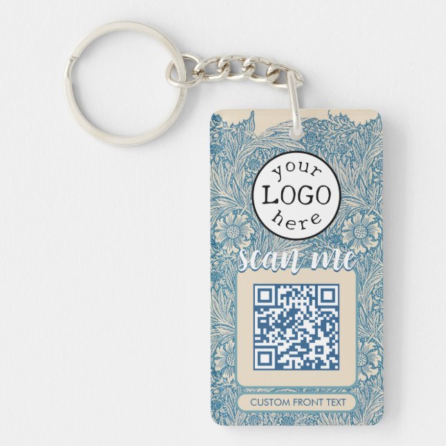 Double QR Code for Business William Morris Blue Keychain (Front)