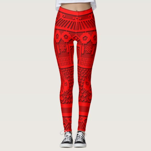 Double Rabbit paper_cut Chinese New Year L Leggings