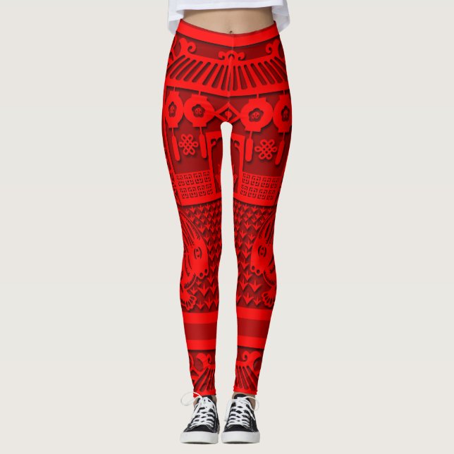 Double Rabbit paper-cut Chinese New Year L Leggings (Front)