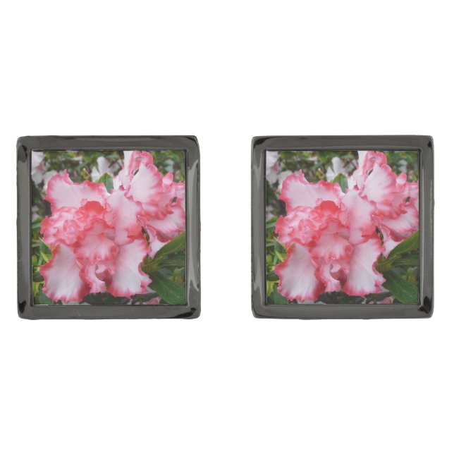 Double Red and White Azaleas Spring Floral Cufflinks (Front)