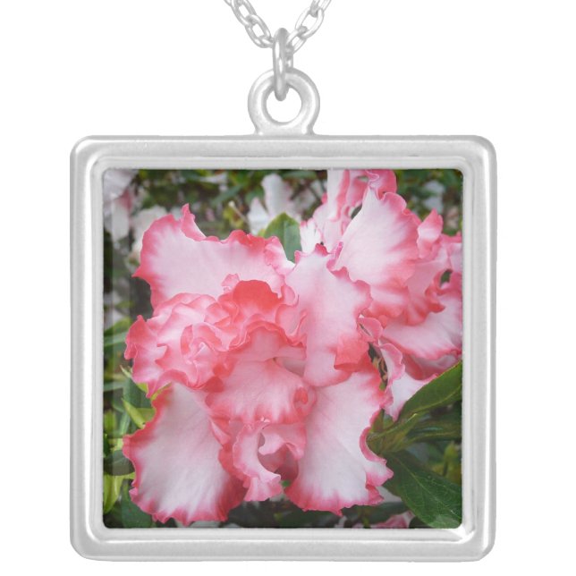 Double Red and White Azaleas Spring Floral Silver Plated Necklace (Front)