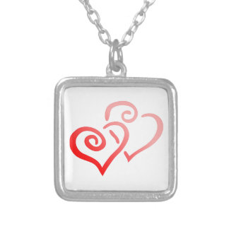 Double Red Swirly Hearts Necklace Small SP Square