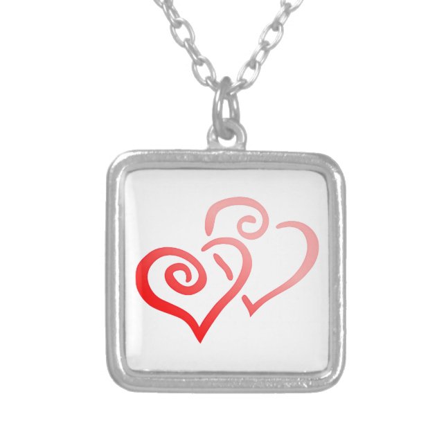 Double Red Swirly Hearts Necklace Small SP Square (Front)
