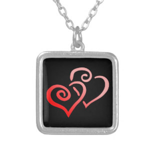 Double Red Swirly Hearts Necklace Small SP Square