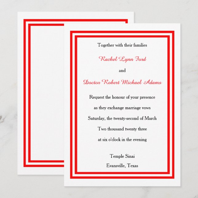 Double Red Trim -5x7Wedding Invitation (Front/Back)