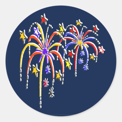 Double Red White and Blue Fireworks on Dark Blue Classic Round Sticker