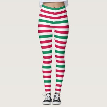 Double Red With Green Stripes Leggings by PinkMoonDesigns at Zazzle