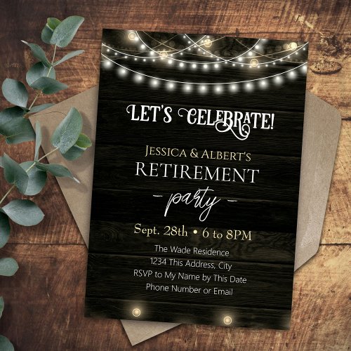 Double Retirement Party Rustic Wood Lights Invitation
