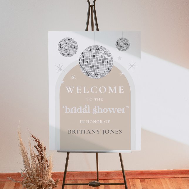 Double Retro Disco Ball Bridal Shower Welcome Sign (Front view)
