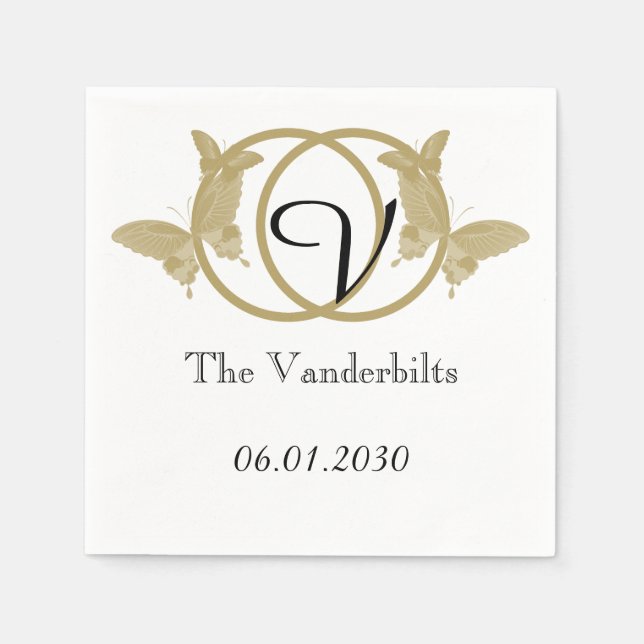 Double Ring Butterfly Monogram Wedding Napkins (Front)