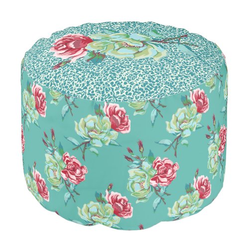 Double Rose on Teal Round Pouf