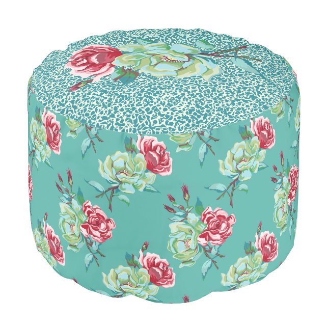 Double Rose on Teal Round Pouf (Angled Front)