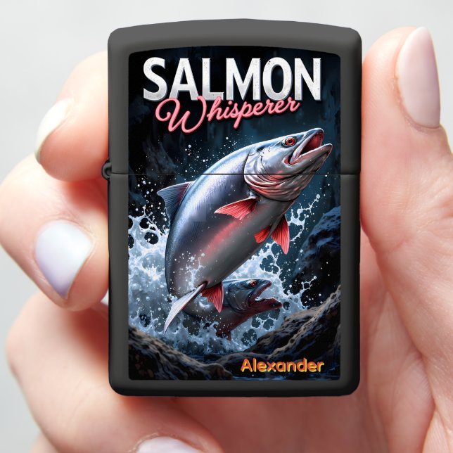 Double Salmon Leap Personalized River Zippo Lighter (In Hand)