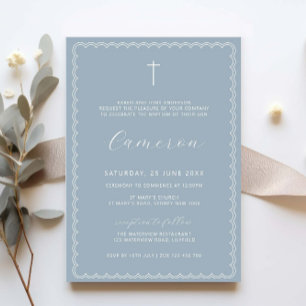 Double scalloped cross blue christening baptism invitation