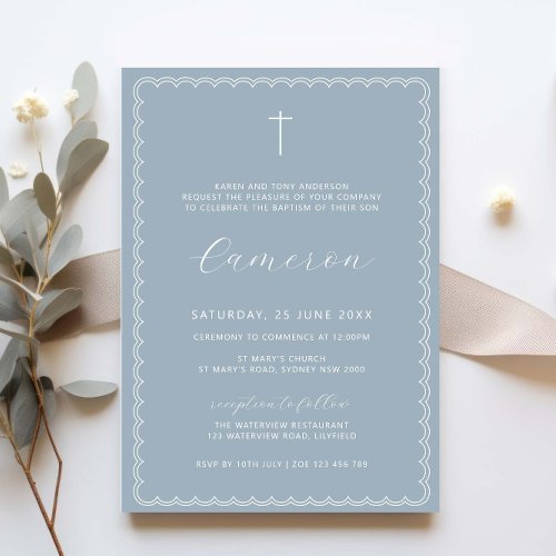 Double scalloped cross blue christening baptism invitation