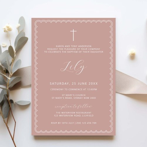 Double scalloped pink christening baptism invitation