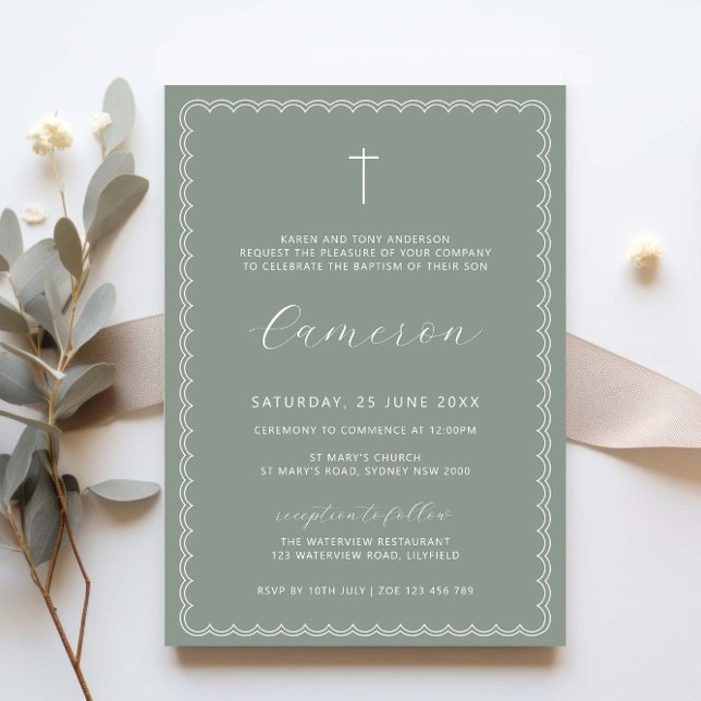 Double scalloped sage christening baptism invitation (Creator Uploaded)