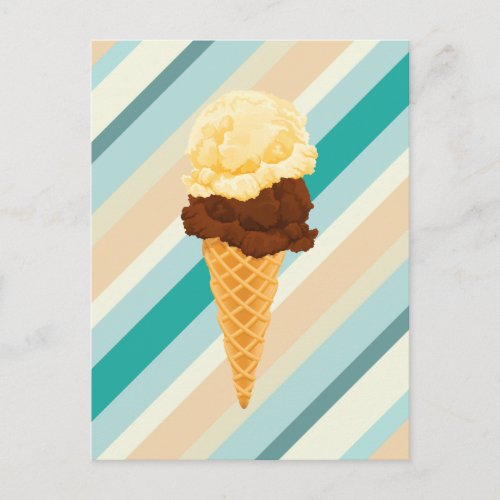 Double Scoop Ice Cream Cone Teal Stripes Postcard