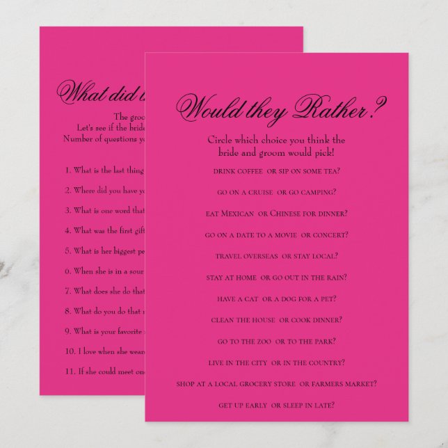Double Side Hot Pink Bridal Shower Games Invitation (Front/Back)