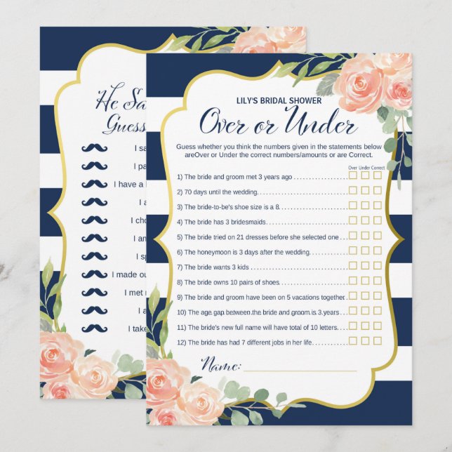 Double Side Navy Gold Bridal Shower Games Size Invitation (Front/Back)