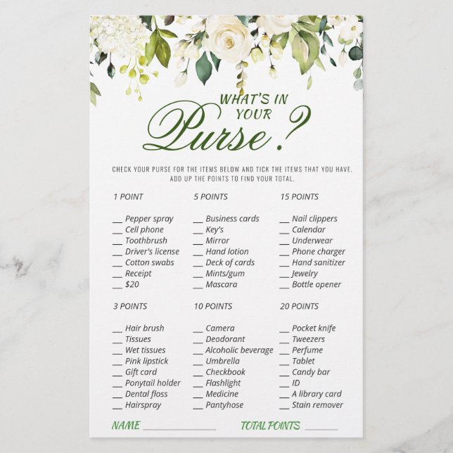 DOUBLE SIDE White Roses Floral Bridal Shower Game (Front)