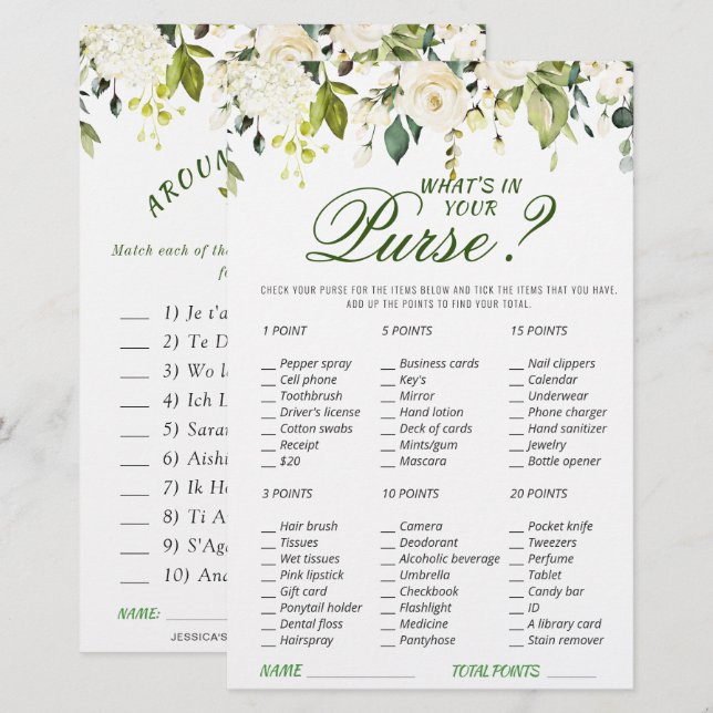 DOUBLE SIDE White Roses Floral Bridal Shower Game (Front/Back)
