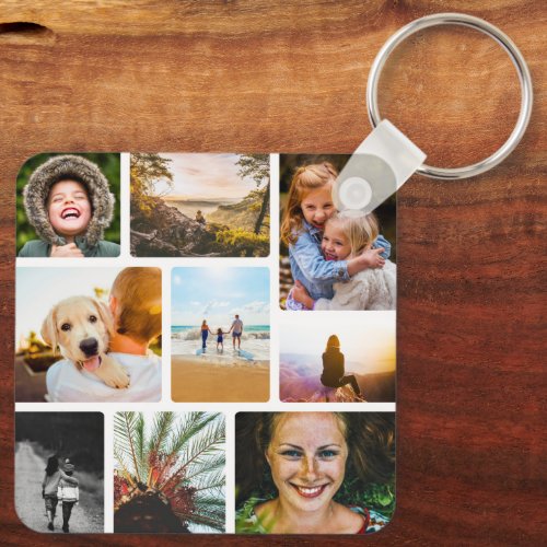 Double Sided 18 Photo Collage White Metal Keychain