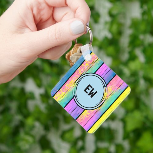 Double sided 2 photos add initials blue keychain