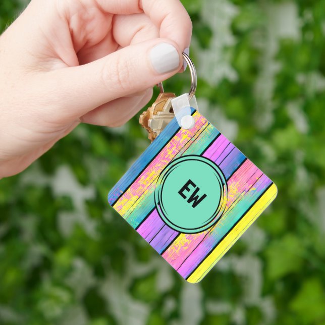 Double sided 2 photos add initials green keychain (Hand)