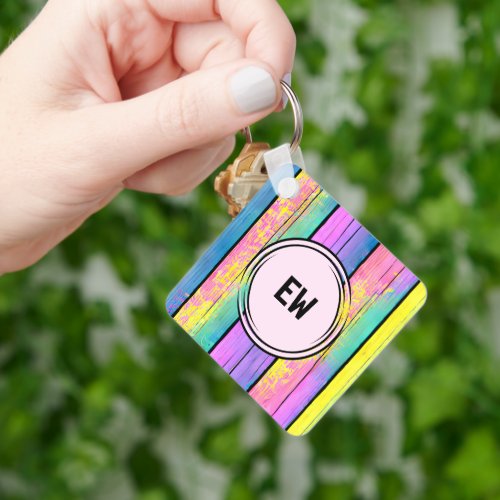 Double sided 2 photos add initials pink keychain