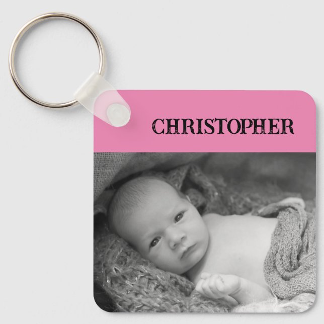 Double sided 2 photos add names pink keychain (Front)