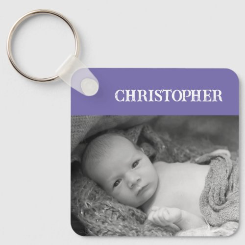 Double sided 2 photos add names purple keychain