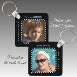 Double sided 2 photos name black blue keychain<br><div class="desc">Double sided keychain,  keyring gift idea.
Replace the two photos / front and back and add a name.
Black background,  blue text with love hearts.</div>