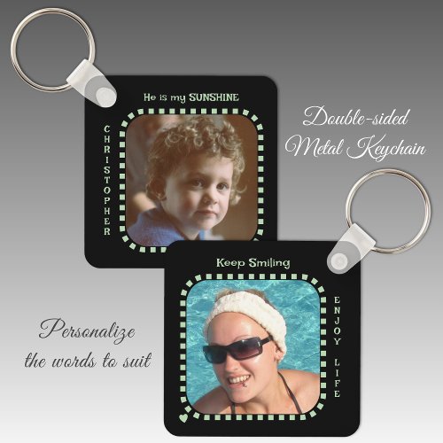 Double sided 2 photos name black green keychain