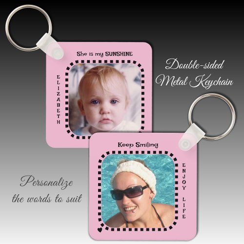 Double sided 2 photos name sunshine pink keychain