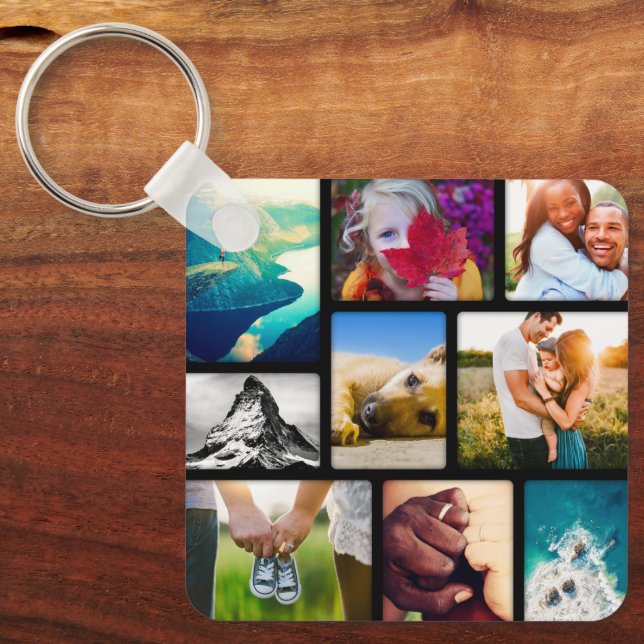 Double Sided 9 Photo Collage Black Metal Keychain (Front)