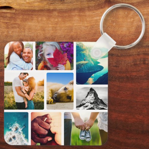 Double Sided 9 Photo Collage White Metal Keychain