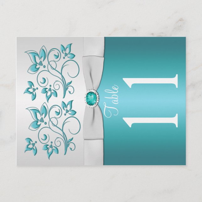 Double-sided Aqua and silver Floral Table Number (Front)