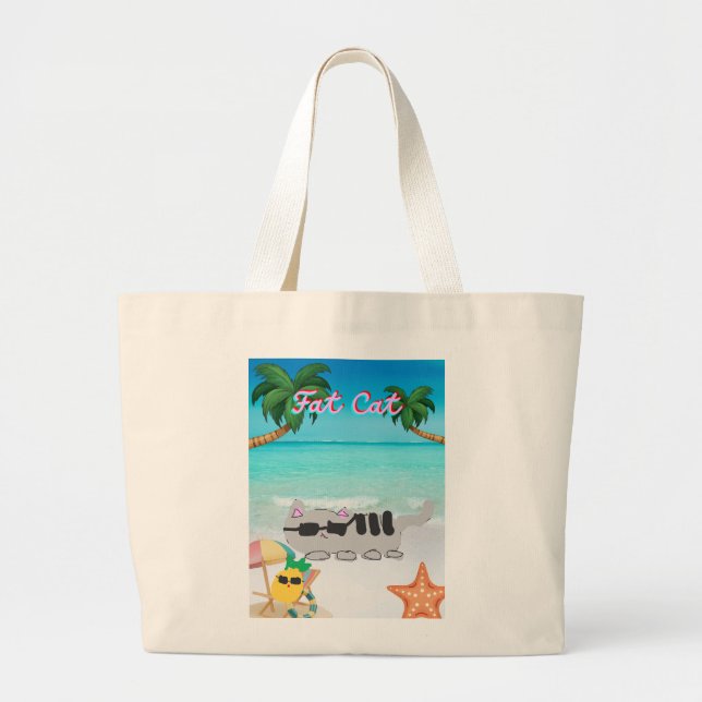 Double sided beach bag vacation fat cat (Front)