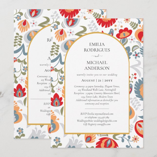 Double Sided BILINGUAL Wedding Folk Art Flowers In Invitation (Front/Back)