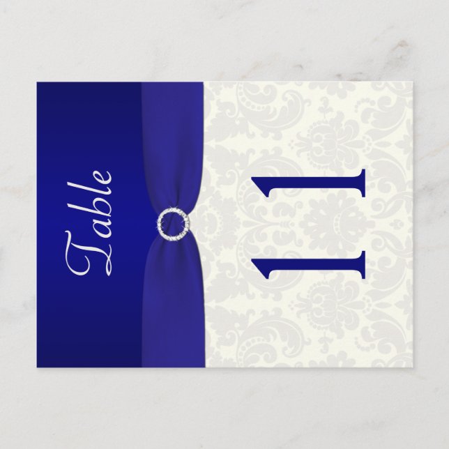 Double-sided Blue and Ivory Damask Table Number (Front)