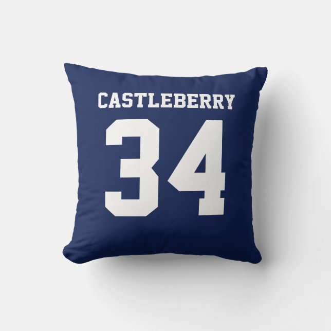 Double-Sided Blue and White Sports Jersey Throw Pillow (Front)