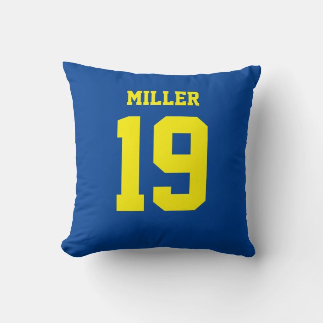 Double-Sided Blue and Yellow Sports Jersey Throw Pillow (Front)