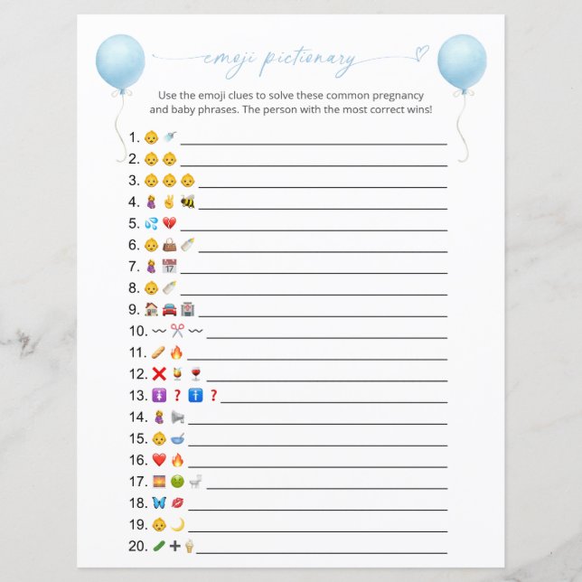 Double Sided Blue Balloon Emoji Pictionary Game (Front)